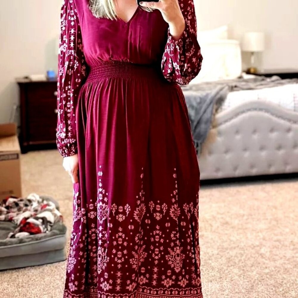 NWT Knox Rose Purple Bohemian Long Sleeve Smocked Maxi Dress Size Large